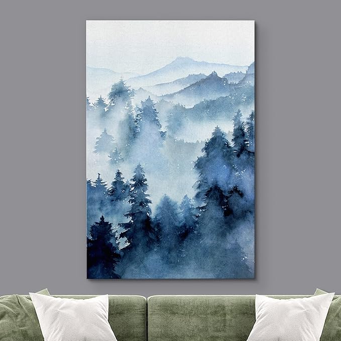 SIGNWIN Canvas Print Wall Art Woodland Nursery Decor Blue Winter Mist Pastel Mountain Forest Nature Illustrations Modern Art Decorative Landscape Colorful for Living Room, Bedroom, Office - 24"x36"