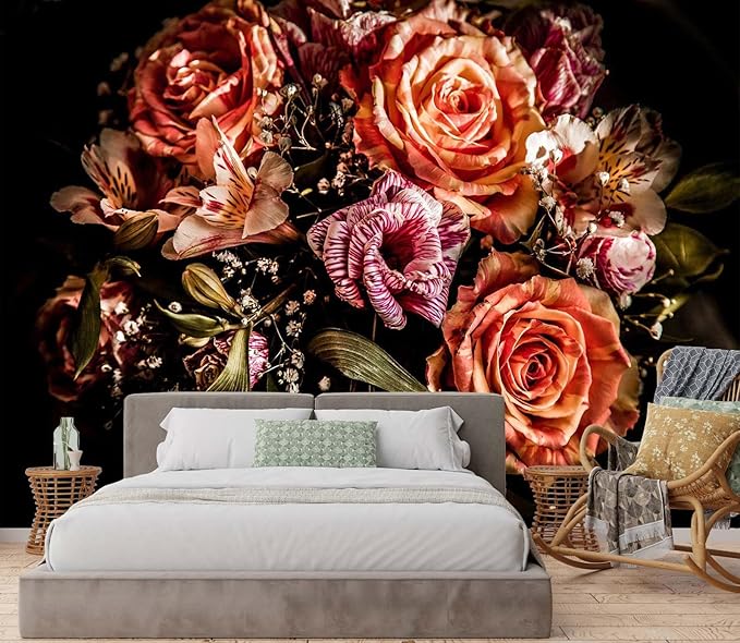 Black Floral Wallpaper Yellow Peony Rose Flower Wall Mural for Bedroom Living Room (Not Self-Adhesive)