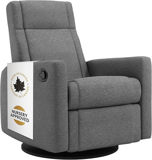 Jaymar Nelly Modern Nursery Glider Recliner Chair – Cozy Nursing Chair with 360° Swivel for New Parents, Gentle Motion, Compact Design, Lumbar Support – Made in Canada (Charcoal/Nexus Fabric)