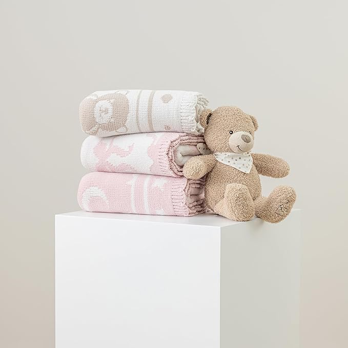 Berkshire Baby Blanket,Ultra-Plush Reversible Chenille Knit Toddler Blanket,Cute Pattern Nursery Crib Blanket,Ideal Baby Gift(30x40 Inches,Stars and Moon Border White-Pink)