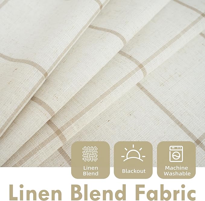 DriftAway 2 Panels 100% Blackout Windowpane Plaid Linen Curtains Double Layer Drapes for Bedroom 96 Inches Long Farmhouse Thermal Insulated 3.25 Inch Rod Pocket Back Tab for Living Room Taupe