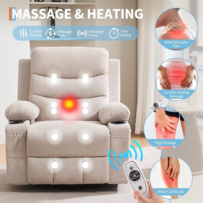 Recliner Chair Nursery, Oversized Manual Reclining Rocking Chair, 360 Swivel Glider with Cup Holder, Massage and Heat Recliner, Indoor Small Single Sofa Chairs for Adults, RV, Bedroom, Line Beige