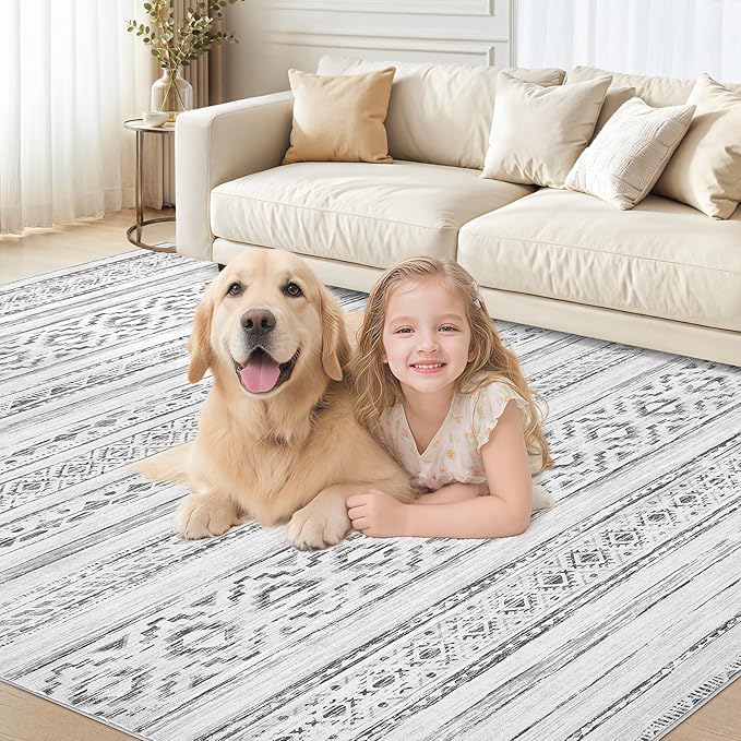 Area Rugs for Living Room Washable Living Room Rug Soft Neutral Indoor Floor Carpet Non-Slip Stain Resistant Modern Boho Rugs for Bedroom Dining Room Kids Room Nursery Office Home Cream Grey