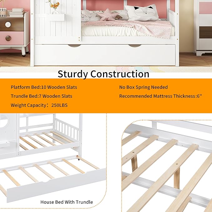 Linique Wooden Twin Size House Bed with Trundle and Storage Shelf,Modern Design Twin Platform Bed Frame with Pitched Roof,White