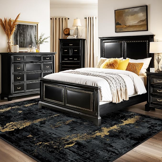 Washable Area Rugs 9'x12' Non-Slip Modern Abstract Soft for Living Room Entryway Bedroom Nursery, Print Pattern, Dark Black Gold