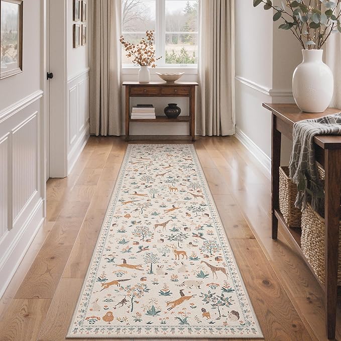 Runner Rug Non Slip 2'6''x 8', Floral Animal Print Rug Machine Washable Rug, Non Slip Low Pile Hallway Runner Carpet for Kitchen, Laundry, Bedroom, Bathroom, Beige