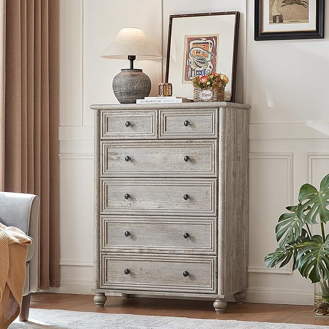 Farmhouse 6 Drawer Dresser Set of 2, Grey Chest of Drawers, 43.5" Tall Dressers for Bedroom with Roman Column and Metal Handles, Rustic Wood Storage Organizer for Living Room, Hallway, Closet