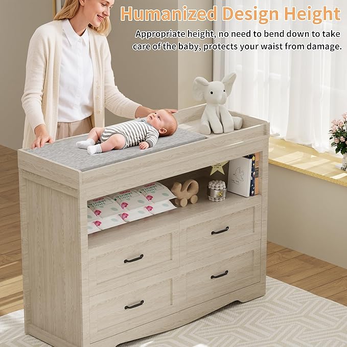 47.2" Beige Nursery Dresser with 4 Drawers and 1 Open Shelf Changing Table Dresser with Changing Table Top Diaper Changing Station with Storage for Nursery Children's Room