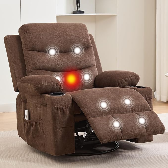 Recliner Chair Nursery, Oversized Manual Reclining Rocking Chair, 360 Swivel Glider with Cup Holder, Massage and Heat Recliner, Indoor Small Single Sofa Chairs for Adults, RV, Bedroom