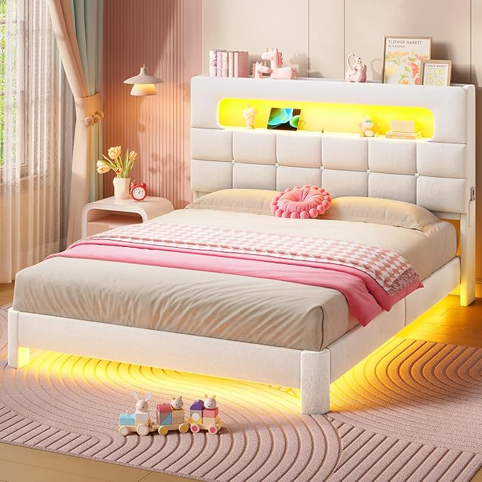 MSmask Full Upholstered LED Bed Frame with 2-Tier Storage Bookcase Headboard, Velvet Princess Bed with Crystal Button Tufted Headboard & Charging Station, Girls Platform Bed, Curved Legs, White