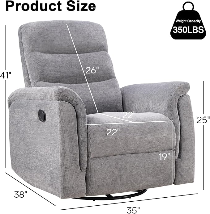 INZOY Swivel Rocker Recliner, Nursery Glider Chair, Manual Chairs Swivel Glider Recliners with Soft Backrest, Fabric Manual Reclining Sofa for Living Room Bedroom Apartment, Grey