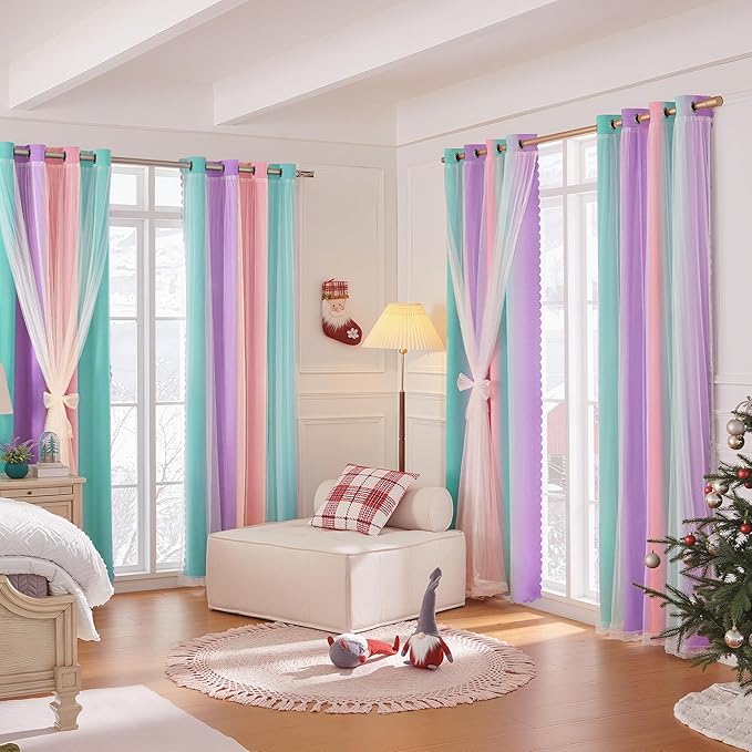XiDi Kids Blackout Curtains with Sheer Overlay for Girl Bedroom 96 Inches Long Pink Purple Green Rainbow Princess Double Layer Curtain Thermal Insulated Room Darkening Grommet Drapes 2 Panels W52xL96