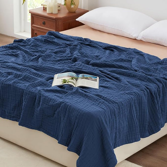 Love's cabin 6 Layer 100% Cotton Muslin Blanket, 90"x90" Muslin Blanket Queen for Couch Bed, Lightweight and Breathable Cotton Gauze for Adult, Dark Blue