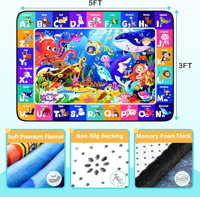Ocean ABC Rug for Kids Playroom 3x5FT Sea Animals Kids Rugs Non-Slip Play Carpet Baby Play Mat for Floor Washable Alphabet Nursery Preschool Daycare Classroom Carpet