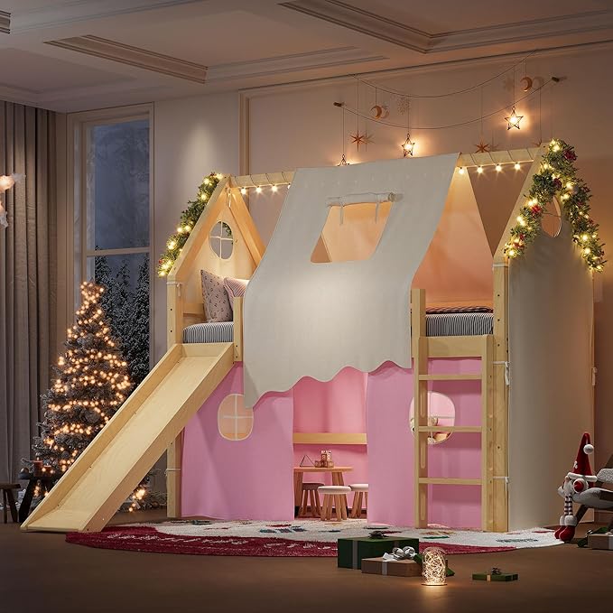 Playhouse Design Twin Size Loft Bed with Slide & Tent, Solid Wood Tent Bed Frame for Kids Boys Girls, Versatile Spacious Under Bed Space, Chic Design with Lights (Natural+Pink-Twin)