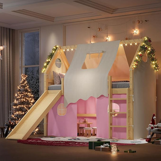 Playhouse Design Twin Size Loft Bed with Slide & Tent, Solid Wood Tent Bed Frame for Kids Boys Girls, Versatile Spacious Under Bed Space, Chic Design with Lights (Natural+Pink-Twin)