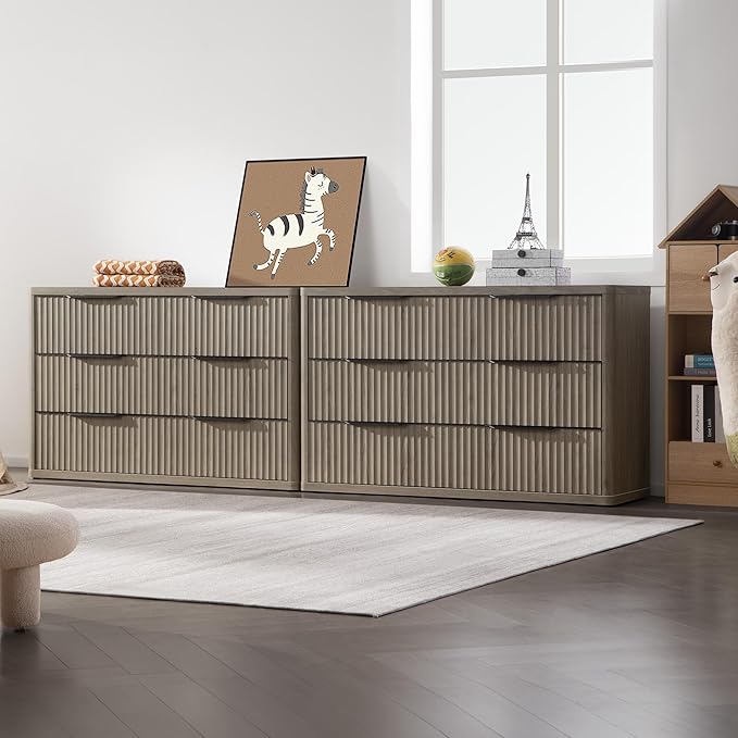 SICOTAS Dresser for Bedroom 107" Wide 6 Drawer Dressers & Chests of Drawers for Closet Long Large Modern TV Stand Set for Clothes Storage Fluted Clothes Closet for Hallway Entryway, Grey Alder