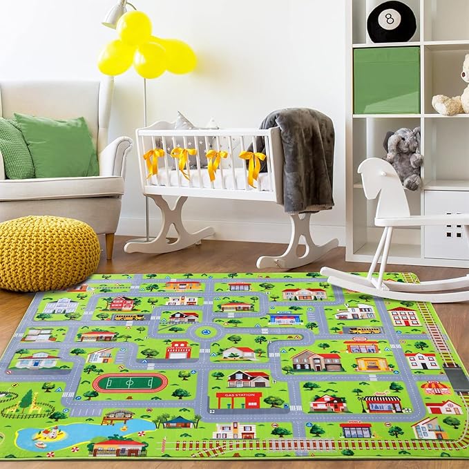 Kids Rug 5x7 Kids Carpet for Playroom Toddler City Traffic Road Print Mat Area Rug Soft Non Slip Fun Carpet for Children Nursery Playroom Classroom City Roads Learning Educational Rugs Grey