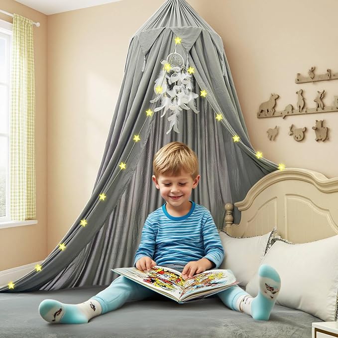 Princess Bed Canopy for Girls, Dreamy Tassels Ceiling Canopy Net Kids Room Decor Soft Canopy Reading Nook, Extra Large Canopies Full Queen Size with Lights - Grey