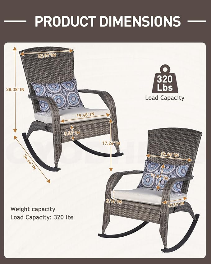 Outdoor Rocking Chair, Rattan Patio Rocker Chairs with Cushions and Steel Frame, Outdoor Rocker Chair with 2 Replaceable Cushion Covers, Rocking Chair for Porch Garden Backyard