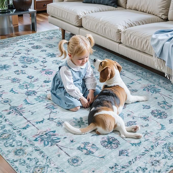 Tangsoo Floral Small Rug 2x3 Washable Rug for Entryways Vintage Non-Slip Area Rugs Light Blue Entry Rugs Distressed Floor Carpet Soft Low Pile Door Mat for Entrance Bedroom Kitchen Foyer Decor