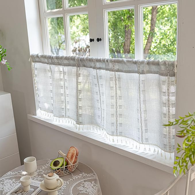 Deeprove Boho Valance Kitchen Short Curtain Tassel, Textured Striped Drape Tier Embroidered Shabby Chic Window Treatment for Cafe Dinging Room Closet, W52 x L18 inch Single 1 Panel Silver Grey