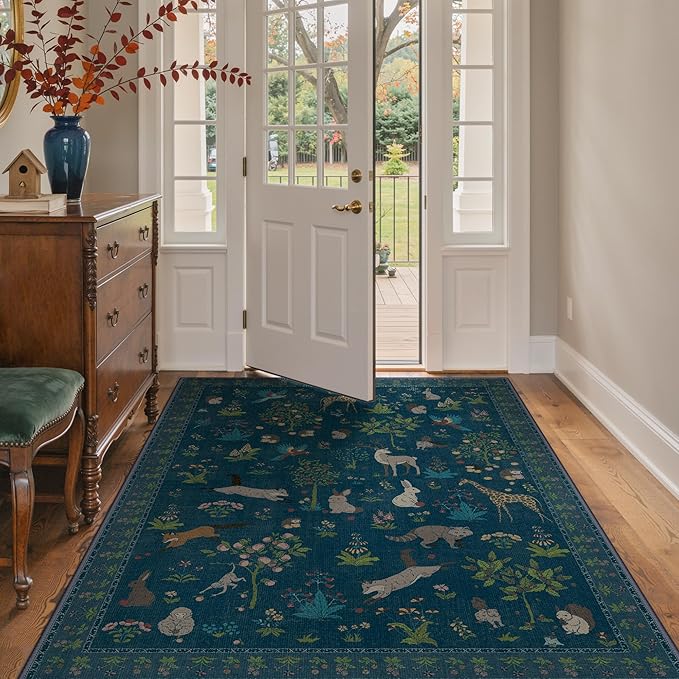 Rugs for Living Room 5x7 Floral Animal Print Area Rug Machine Washable Rug, Non Slip Low Pile Carpet for Bedroom, Entryway, Midnight Blue