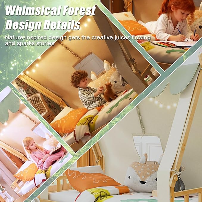 Twin House Bed for Kids with Light and Tent, Montessori Floor Bed Twin for Kids Girls Boys Teens Bedroom, White