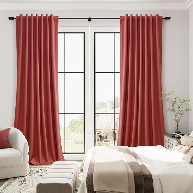 Guken Red Linen 100% Blackout Curtains for Living Room 120 Inches 2 Panel Sets Long Light Blocking Thermal Insulated Soundproof Back Tab Pinch Pleat Curtain Hook Sliding Door Dining Room 52x120 10Ft