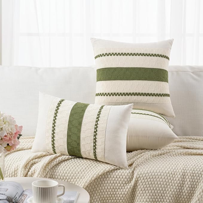 Fancy Homi Set of 2 Boho Moss Green Decorative Throw Pillow Cover 22x22 Inch for Couch Bed Sofa, Aesthetic Modern Organic Farmhouse Home Decor, Soft Cotton Cute Accent Macrame Woven Cushion Case