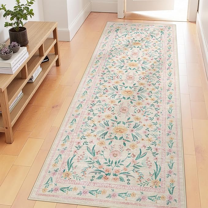 Pink Floral Runner Rug for Hallways Kitchen Rug,2x6 Washable Non Slip Rugs with Rubber Backing,Boho Soft Carpet Runner for Laundry, Bedroom