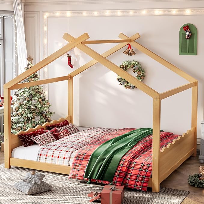 Queen Size Wooden House Floor Bed - Kids Bed Frame with Roof & Support Slats for Bedroom, No Box Spring Needed, Easy Assembly (Natural)