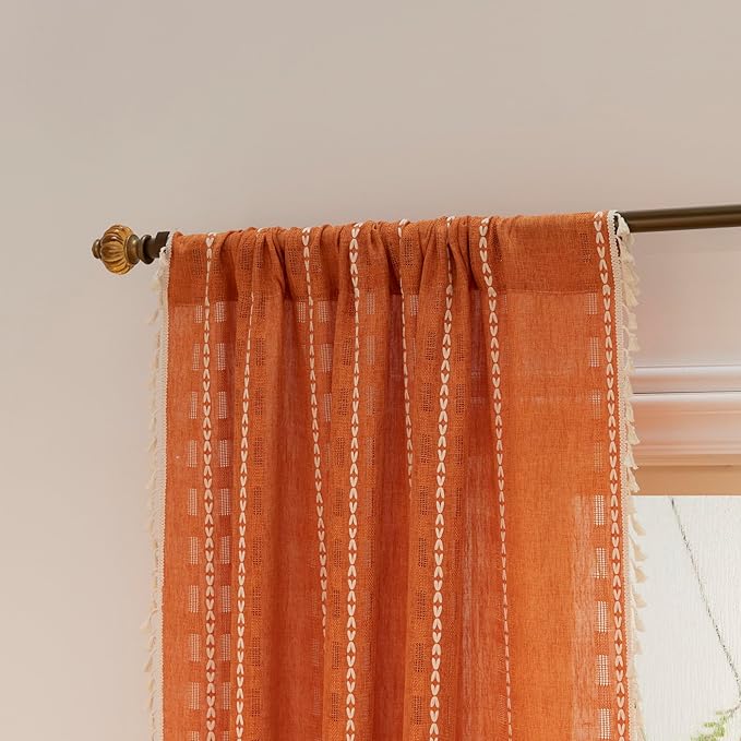 Deeprove Orange Boho Curtain 84 inches Length for Living Room Bedroom, Bohemian 84 inches Long Burnt Terracotta Fall Embroidery Textured Halloween Privacy Window Thanksgiving Decor W52 x L84, 1 Panel