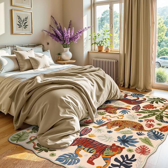 LEEVAN 5x7 Animal Area Rugs Washable Beige Tiger Living Room Rugs Non Slip Scalloped Tiger Bedroom Rug Low Pile Leopard Nursery Floor Carpet Jungle Leaf Print Kids Rug