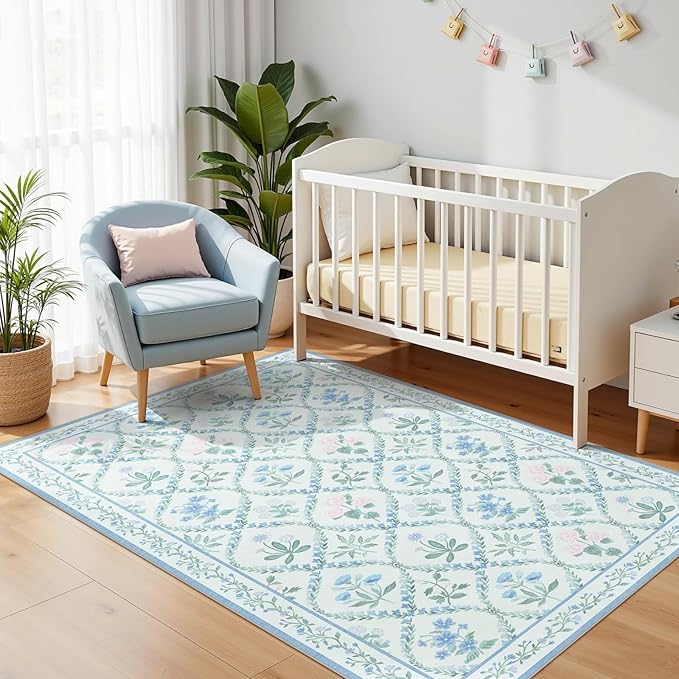 3x5 Baby Nursery Rug, Boho Blue Floral Area Rugs Machine Washable, Soft Ultra-Thin Botanical Carpet Non Slip for Girls Room Bedroom Entryway Playroom Living Room,Blue Multi