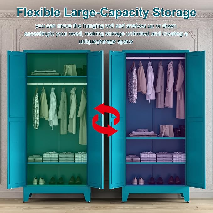 71'' Farmhouse Metal Wardrobe Cabinet with Hanging Rod, 2 Barn Door Wardrobe Closet with 2 Adjustable Shelves,for Dining Room,Bedroom,Living Room, Cloak Room,Office (Peacock Blue)
