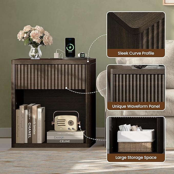 Fluted Nightstand Set of 2 with Charging Station, 21.7" Wide Modern Bedside Table with 1 Drawers Open Storage Cabinet, Wooden End Table for Bedroom,Walnut