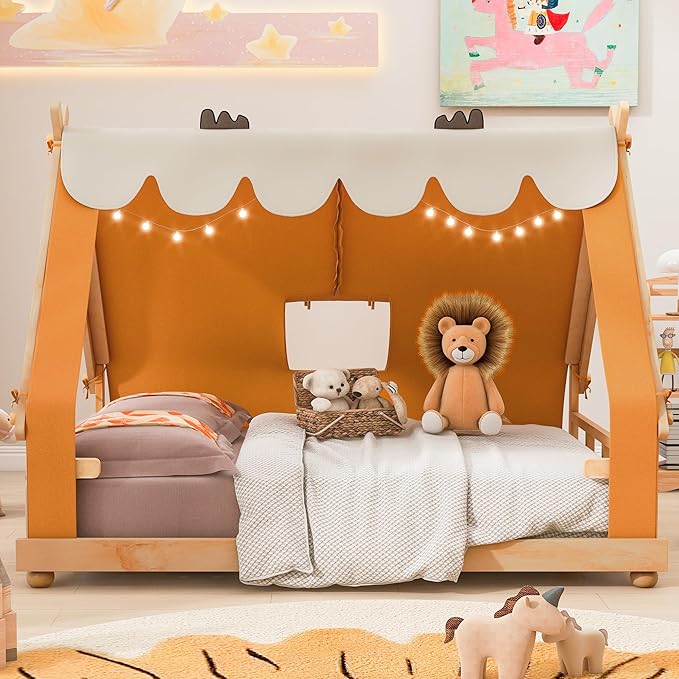 Full Size House Bed for Kids with Light and Tent, Montessori Floor Bed Full for Kids Girls Boys Teens Bedroom, Brown