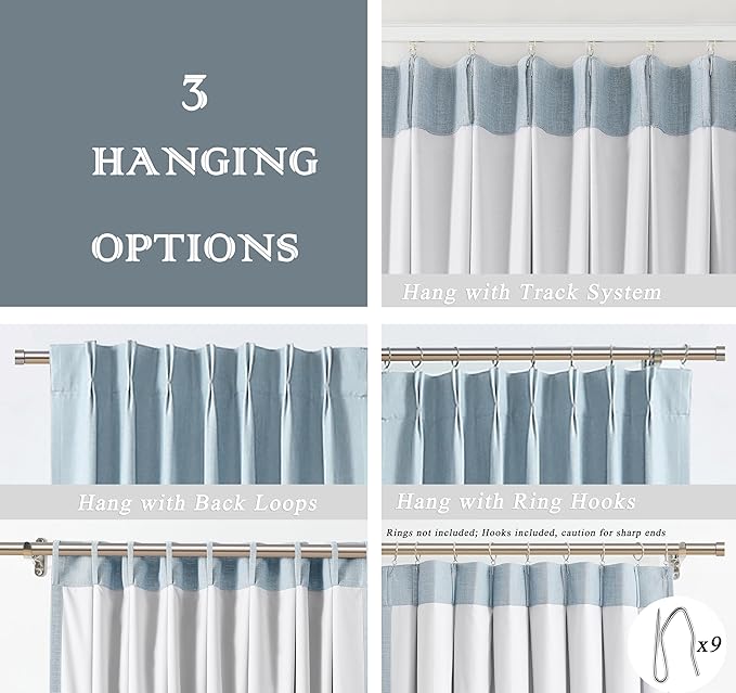 Pinch Pleated Blackout Curtain Panels with Full Blackout Liner Linen Texture Window Treatment Sets with Back Tab for Living Room Bedroom Thermal Insulated Drape with 9 Hooks, 40"x95"x2, Dusty Blue
