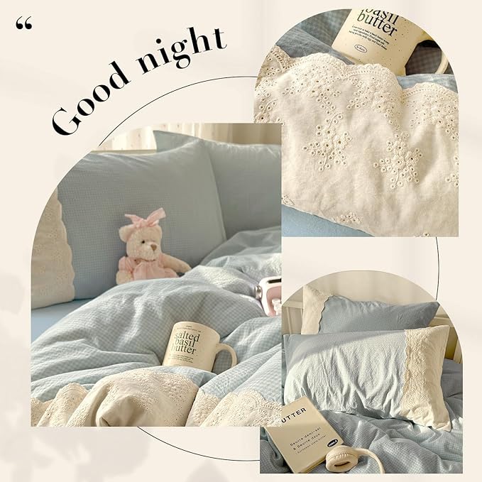 LifeTB Blue Gingham Duvet Cover Queen 3 Pieces Blue Plaid Comforter Cover with Chic White Lace Soft Microfiber Checkered Grid Duvet Cover with 2 Pillowcases Breathable Gingham Plaid Bedding Set