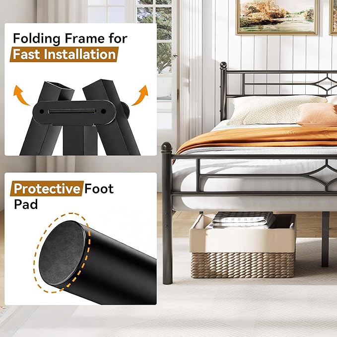 BedsPick Queen Size Metal Bed Frame with Headboard and Footboard, Platform Bed Frame with Premium Steel Slats Support/12.5'' Under Bed Storage Space/No Box Spring Needed/Noise Free/Easy Assembly/Black