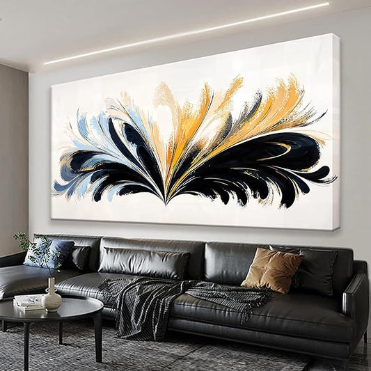 QSQ Modern Canvas Art Wall Decor Painting Black And Gold Abstract Wall Art For Living Room Blue Feather Graffiti Abstract Wall Decor Prints Artwork For Bedroom Office Home Wall Decoration 24" X 48"