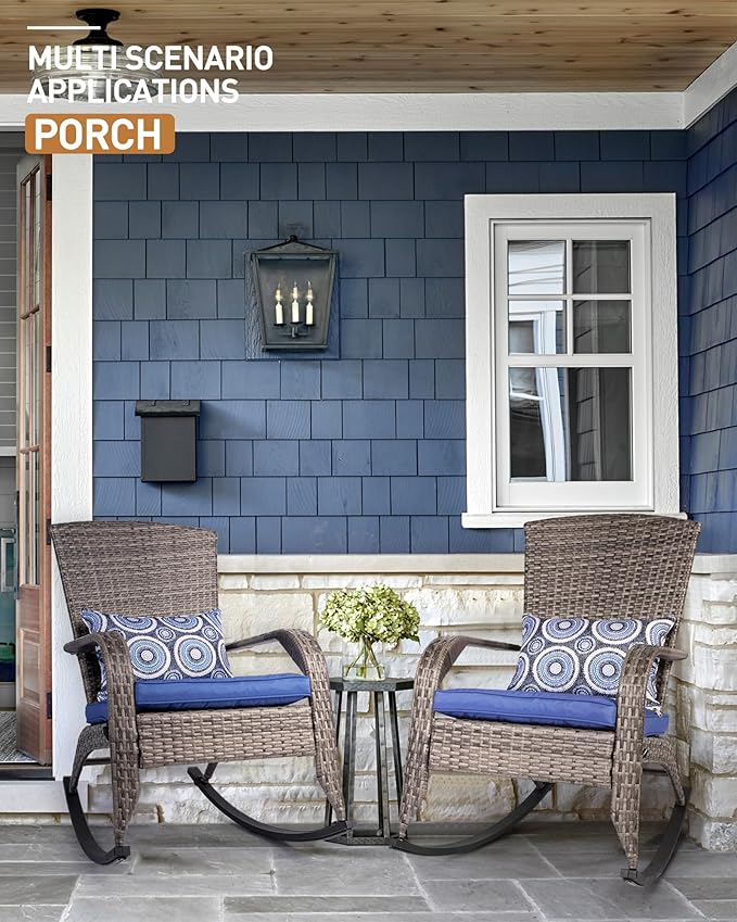Outdoor Rocking Chair Set of 2, Rattan Patio Rocker Chairs with Cushions and Steel Frame, All-Weather Outdoor Rocker Chair with 2 Cushion Covers, Wicker Rocking Chairs Set of 2