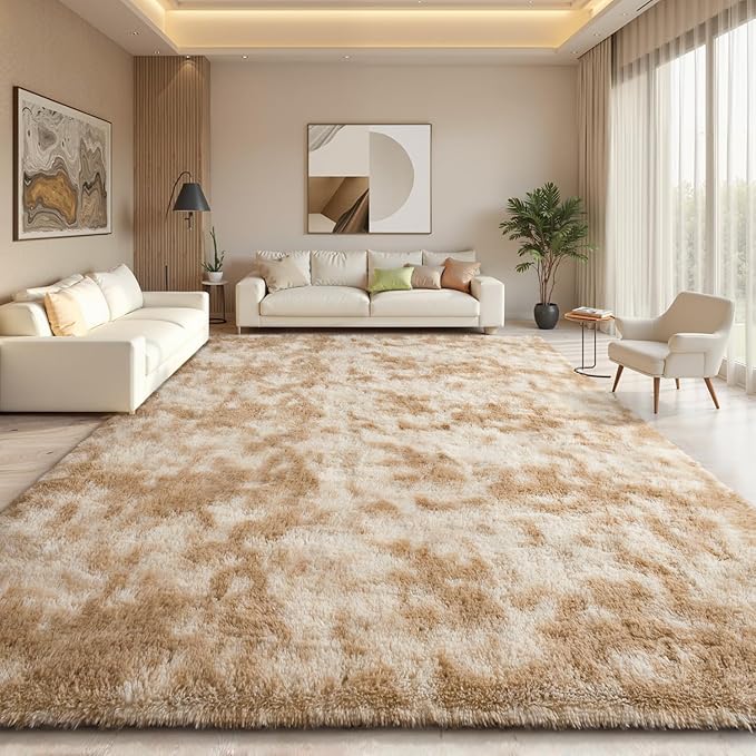 EVOIONOS Area Rug for Living Room Bedroom, Washable 6x9 Fluffy Shag Large Rug, Soft Plush Non Slip Carpet for Indoor Floor Bedside Nursery Kids Girls Room Dorm, Home Decor Aesthetic, Tie-Dyed Camel