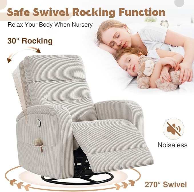 Swivel Rocker Recliner, Swivel Nursery Glider Recliner, Manual Rocking Recliner Chairs with Pockets and Large Arms for Living Room,Corduroy Camel