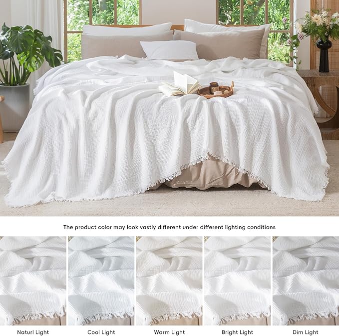 MooMee Muslin Blanket - 100% Cotton 4-Layer Gauze Throw Blanket with All-Around Fringe, Ultra-Soft Breathable Lightweight Cooling Decorative for Bed, Sofa & Couch (Bright White,Twin XL 66" x 90")