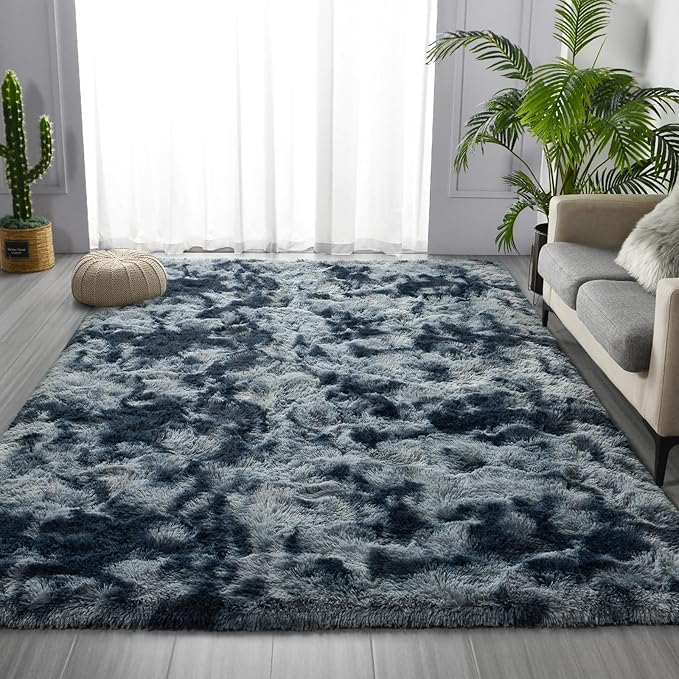 Large Shag Area Rugs 8 x 10, Tie-Dyed Plush Fuzzy Rugs for Living Room, Ultra Soft Fluffy Furry Rug for Bedroom, Indoor Carpet Nursery Rugs for Kids Room Home Decor, Blue and Grey
