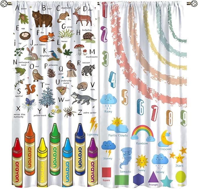 Kids Alphabet Curtain, Funny Cartoon Animal Rainbow Learning, Educational Boys Girls Children Printed Rod Pocket Blackout Window Treatments for Bedroom Living Room Nursery 55" W X 63" L