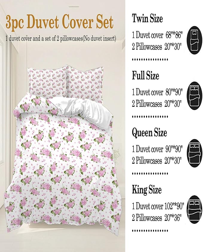 Floral Duvet Cover Twin Girl Pink Bedding Sets Garden Style Floral Comforter Cover Pink White Flower Bedding Sets Flower Branches Pattern Duvet Cover with Zipper Closure