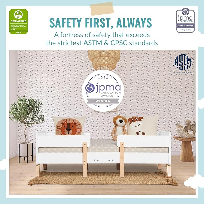 Dream On Me Osko Convertible Toddler Bed Made with Sustainable New Zealand Pinewood in White and Natural, JPMA & Greenguard Gold Certified, Non-Toxic Finish